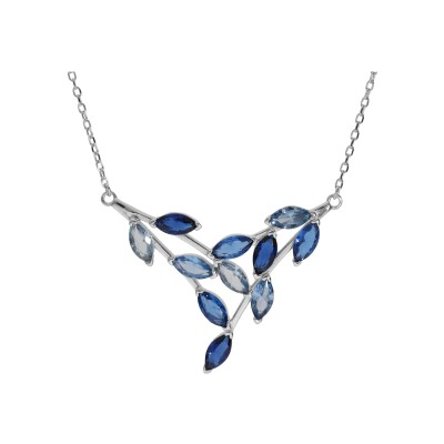 Collier argent rhodié forme pointe empierrés bleu ciel et bleu foncé 40+5cm