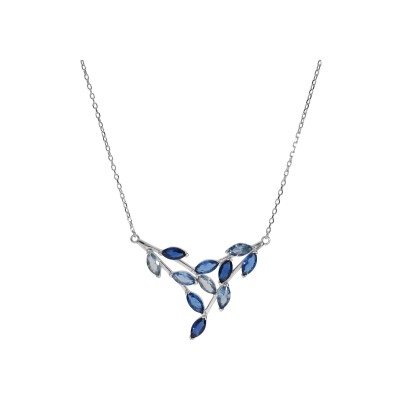 Collier argent rhodié forme pointe empierrés bleu ciel et bleu foncé 40+5cm