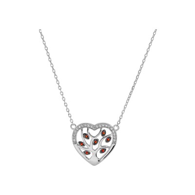 Collier argent rhodié coeur avec arbre de vie pierres synthétique rouges et contour oxydes blancs sertis 40+5cm