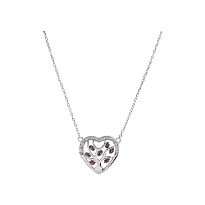 Collier argent rhodié coeur avec arbre de vie pierres synthétique rouges et contour oxydes blancs sertis 40+5cm