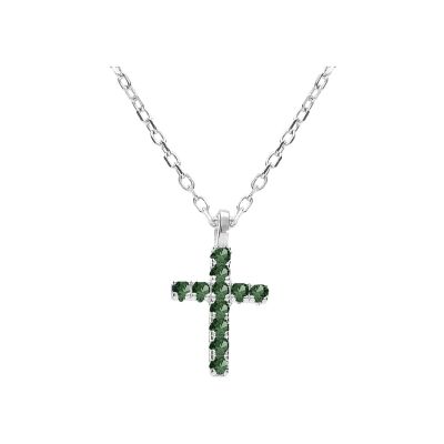 Collier argent rhodié pendentif croix oxydes vert 42+3cm