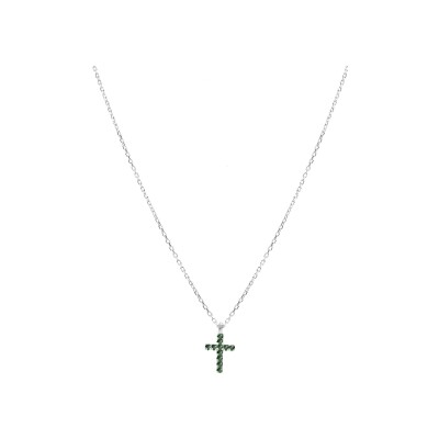 Collier argent rhodié pendentif croix oxydes vert 42+3cm