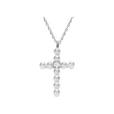 Collier argent rhodié pendentif croix avec 1 oxyde blanc et perle blanche imitation 42+3cm