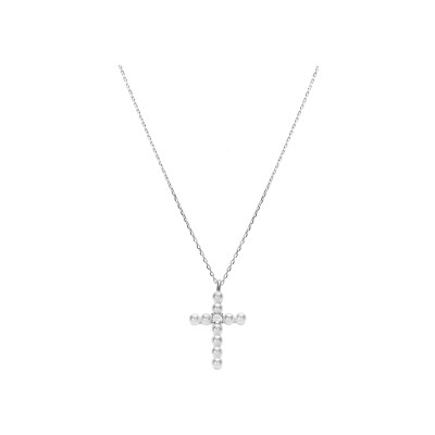 Collier argent rhodié pendentif croix avec 1 oxyde blanc et perle blanche imitation 42+3cm