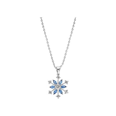 Collier argent rhodié pendentif flocon de neige oxydes blancs sertis et navettes bleues 40+5cm