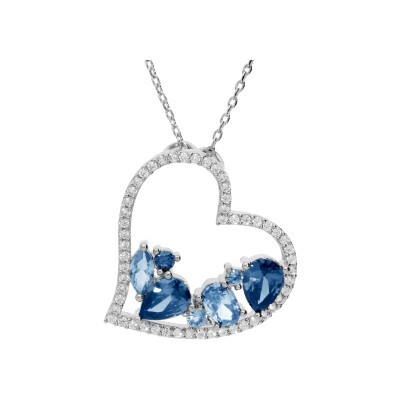 Collier argent rhodié massif pendentif coeur oxydes bleus contour oxydes blancs 40+5cm