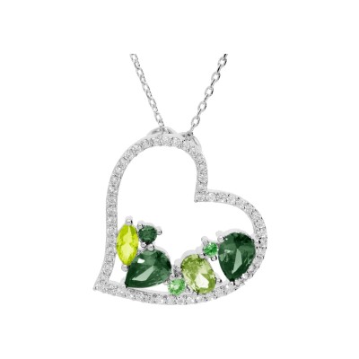 Collier argent rhodié massif pendentif coeur oxydes verts contour oxydes blancs 40+5cm
