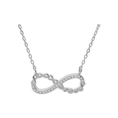 Collier argent rhodié motif infini avec oxydes blancs sertis 44cm réglable 42 et 40cm