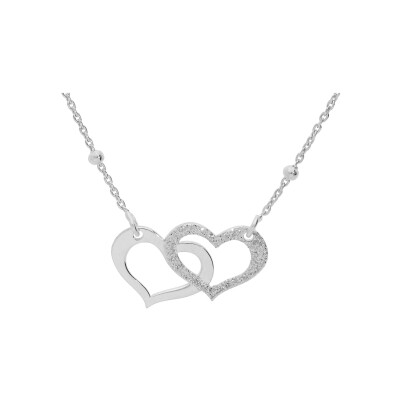Collier argent rhodié double coeur 1 lisse et 1 granité chaîne avec boules 40+5cm