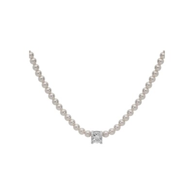 Collier argent rhodié perles blanches imitation et 1 oxyde blanc serti 38+4cm