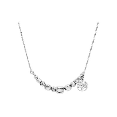 Collier argent rhodié cubes et boules avec pampille arbre de vie 43+2cm