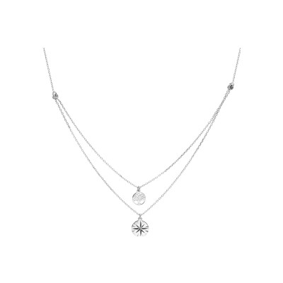 Collier argent rhodié double chaîne pastille étoile diamantée et arbre de vie 40+5cm