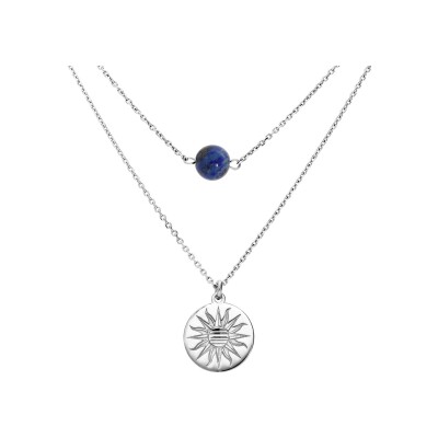 Collier argent rhodié double chaîne pastille soleil diamantée et pierre lapis lazuli véritable 40+5cm