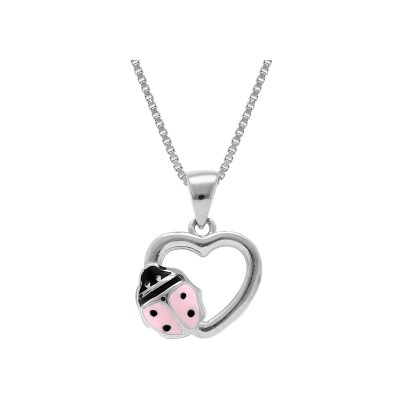 Collier argent rhodié pendentif coeur avec coccinelle résine rose 36+2cm