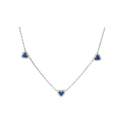Collier argent rhodié coeurs oxydes bleus et blancs sertis 42+3cm