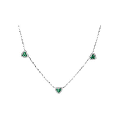Collier argent rhodié coeurs oxydes verts et blancs sertis 42+3cm