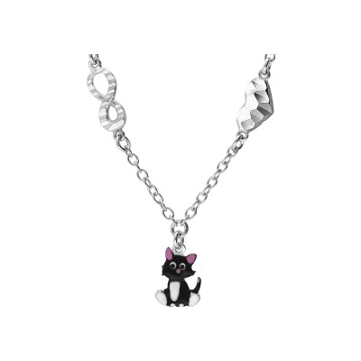 Collier argent rhodié motif infini et coeur avec chat emaillé 35+4cm