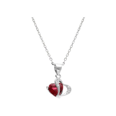 Collier argent rhodié pendentif double coeur oxyde rouge et blancs 40+3cm