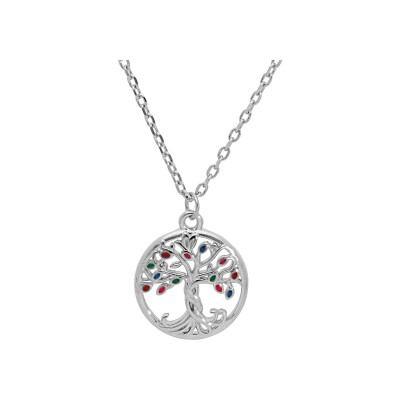 Collier argent rhodié pendentif arbre de vie résine multi couleurs 40+4cm