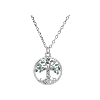 Collier argent rhodié pendentif arbre de vie résine verte 40+4cm