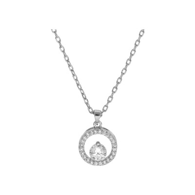Collier argent rhodié pendentif rondelle oxydes blancs sertis et 1 oxyde blanc serti 40+5cm