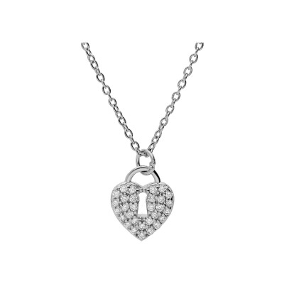 Collier argent rhodié cadenas coeur pavé oxydes blancs 42+3cm