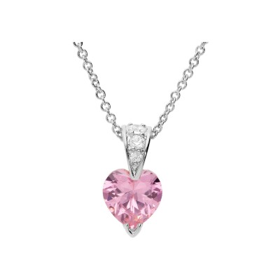Collier argent rhodié pendentif coeur oxyde roses et blancs 42+3cm