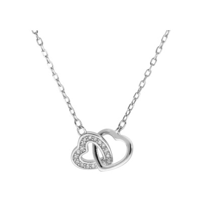 Collier argent rhodié 2 coeurs entrelacés 1 lisse et 1 avec oxydes blancs sertis 40+5cm
