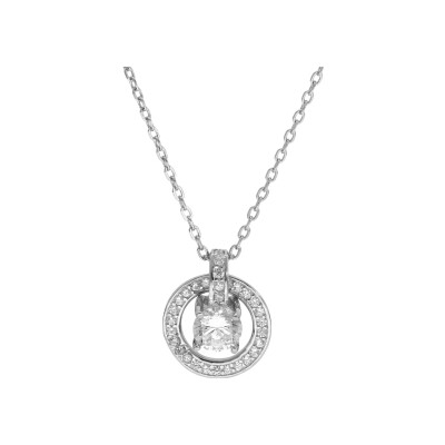 Collier argent rhodié pendentif rondelle oxydes blancs sertis et 1 oxyde blanc serti 40+5cm