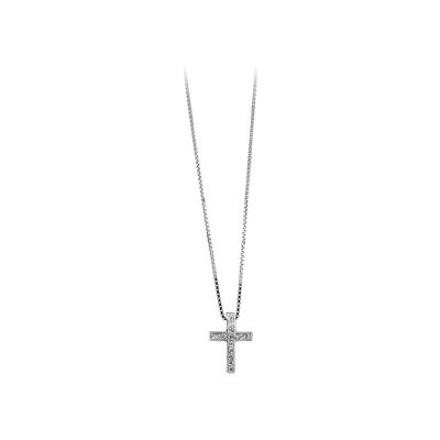 Collier argent rhodié pendentif petite croix dim 14 x 10 mm pierres blanches 42+3cm