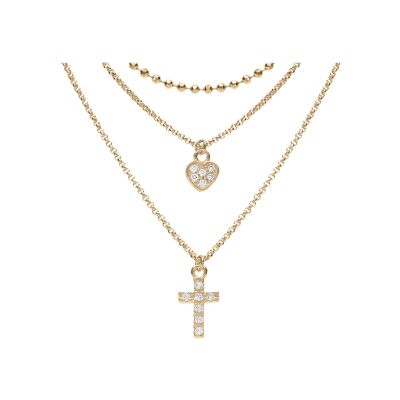 Collier argent et dorure jaune triple chaîne pendentif coeur et croix 35+5cm