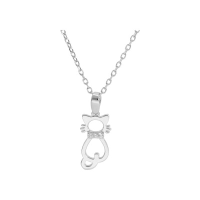 Collier argent rhodié pendentif chat ajouré 40+5cm