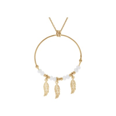 Collier argent et dorure jaune 28mm boules blanches pampille 3 plumes 40+4cm