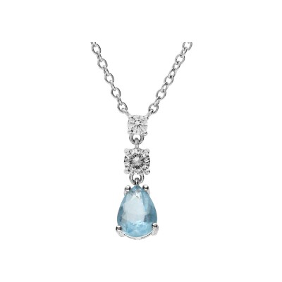 Collier argent rhodié pendentif oxydes ronds blancs sertis et goutte bleu ciel opaque aspect glaciale 42+3cm