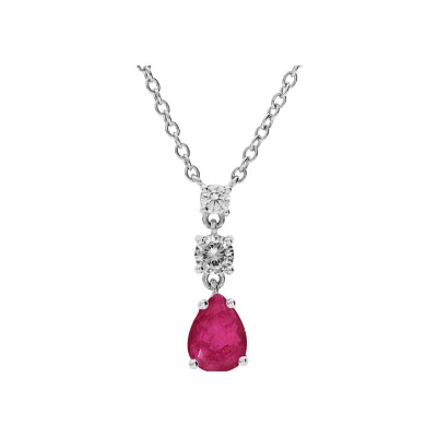 Collier argent rhodié pendentif oxydes ronds blancs sertis et goutte oxyde fushia 42+3cm