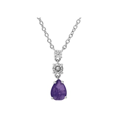 Collier argent rhodié pendentif oxydes ronds blancs sertis et goutte oxyde violet 42+3cm