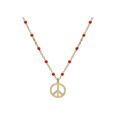 Collier argent et dorure jaune boules résine rouges motif peace and love 40+5cm