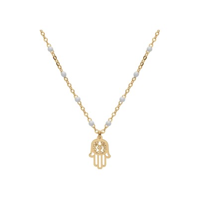 Collier argent et dorure jaune boules résine blanches avec main de fatma 40+5cm