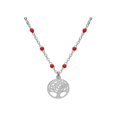 Collier argent rhodié boules résine rouges avec arbre de vie 40+5cm