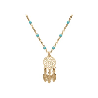 Collier argent et dorure jaune boules résine turquoise imitation avec attrape rêve 40+5cm