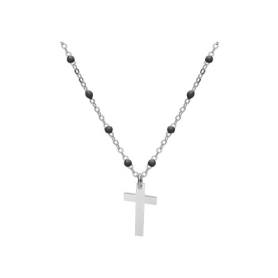 Collier argent rhodié boules résine noires avec croix 40+5cm