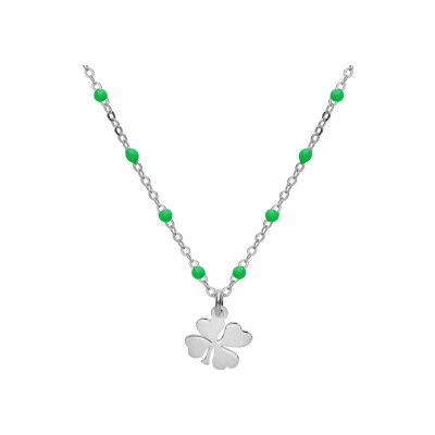 Collier argent rhodié boules résine vertes avec trèfles 40+5cm