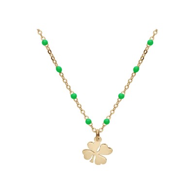 Collier argent et dorure jaune boules résine vertes avec trèfles 40+5cm