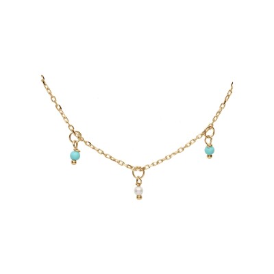 Collier argent et dorure jaune pampilles boules résines blanches et turquoises imitation 40+5cm