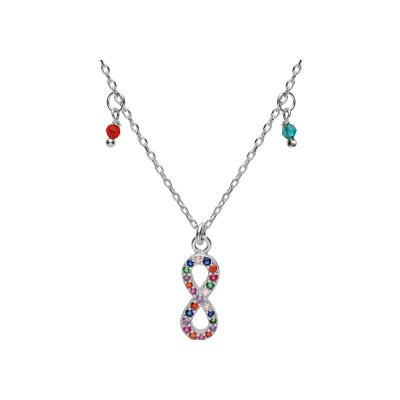 Collier argent rhodié pendentif infini empierrés et pampilles boules multi couleurs et 40+5cm