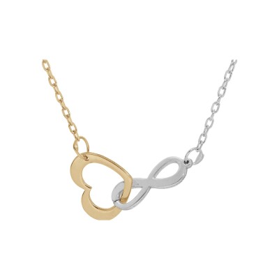 Collier argent et dorure jaune pendentif coeur et infini entrelacé 40+5cm
