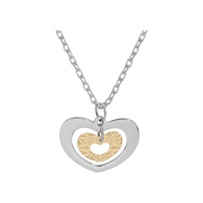 Collier bicolore argent rhodié et dorure jaune pendentif double coeur 40+5cm