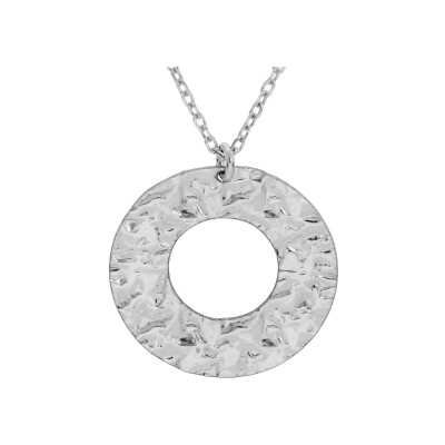 Collier argent rhodié pendentif rond evidé martelé 40+5cm