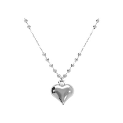 Collier argent rhodié chaîne avec boules pendentif coeur bombé 42+3cm
