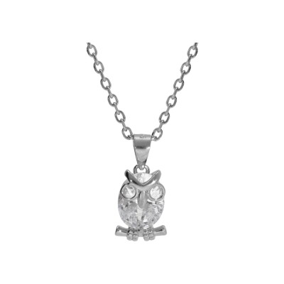 Collier argent rhodié chouette hibou oxyde blanc 41+3cm